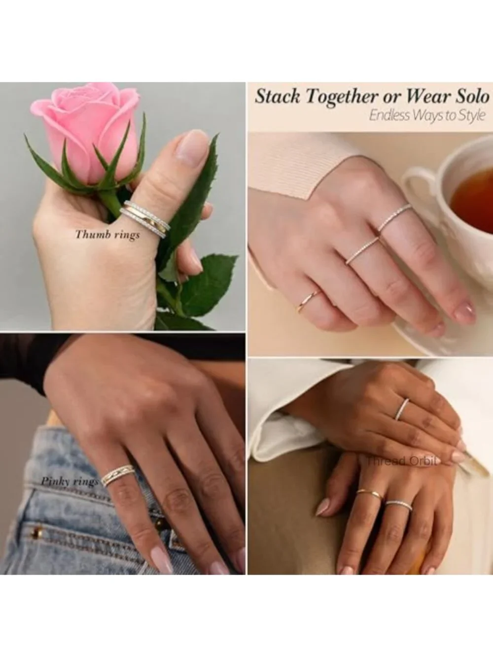 14K Gold & 925 Sterling Silver Plated Stackable Rings Set Eternity Band